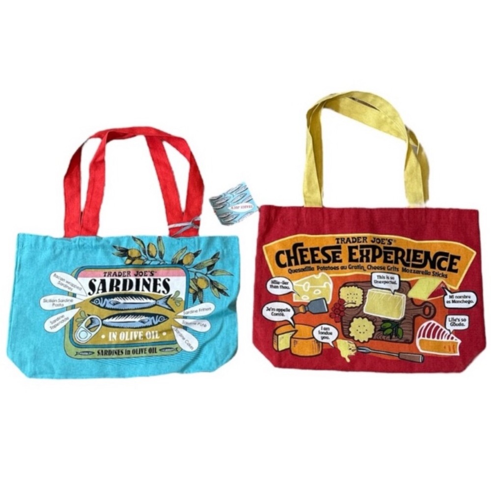 Trader Joe’s reusable canvas totes cheese and sardines bundle NWT